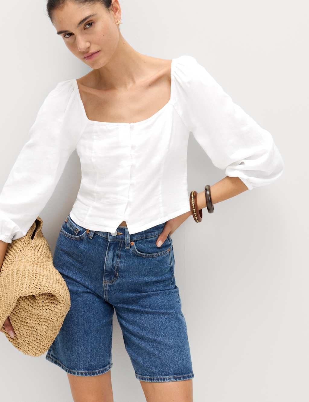 Marks & Spencer M&S Linen Puff Sleeve Top in White