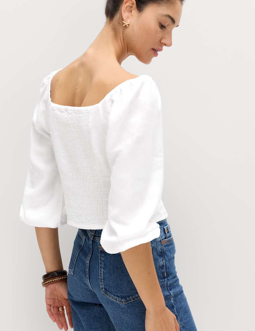 Marks & Spencer M&S Linen Rich Puff Sleeve Top White - 3