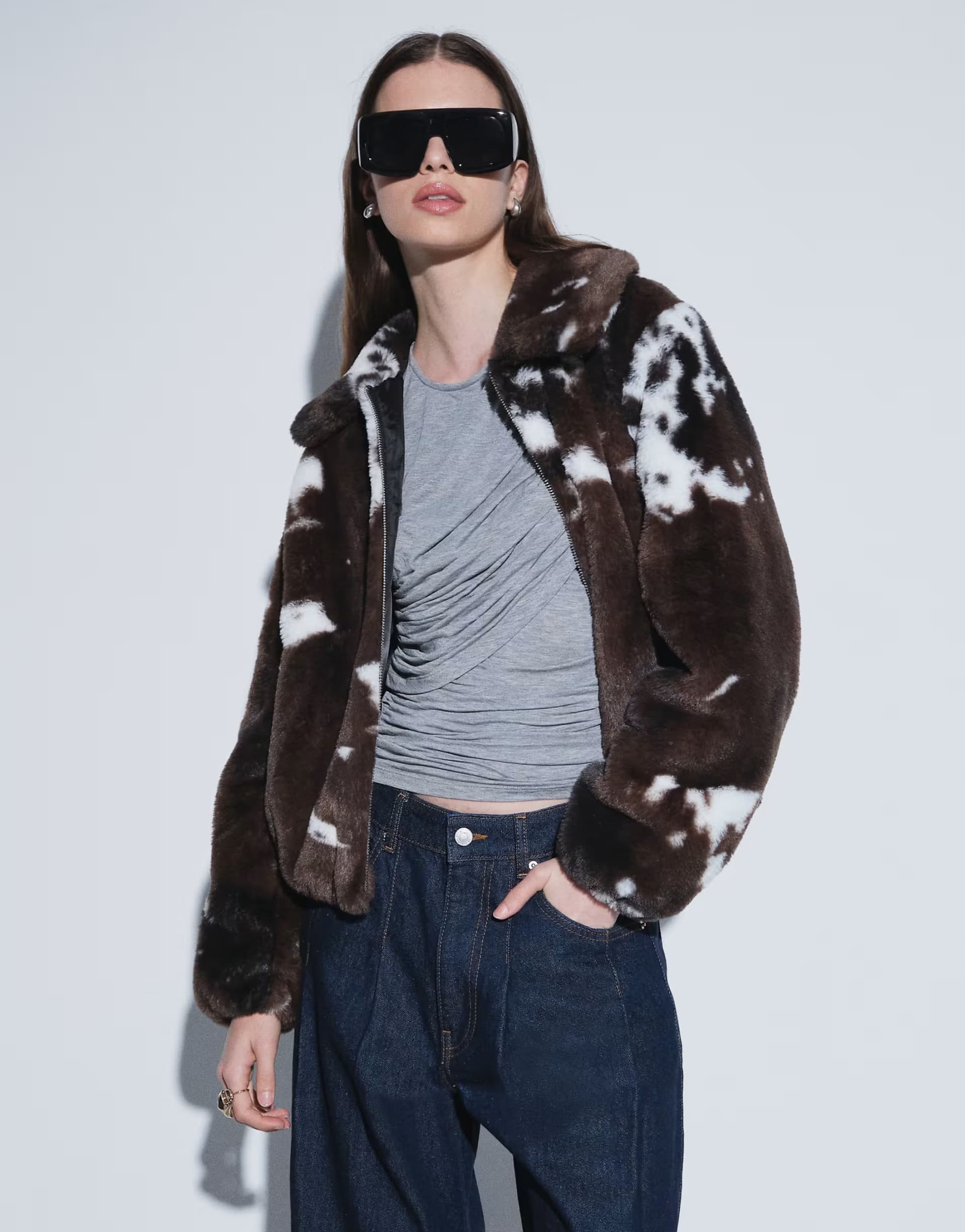 ASOS Vero Moda super soft cow print faux fur jacket in chocolate brown
