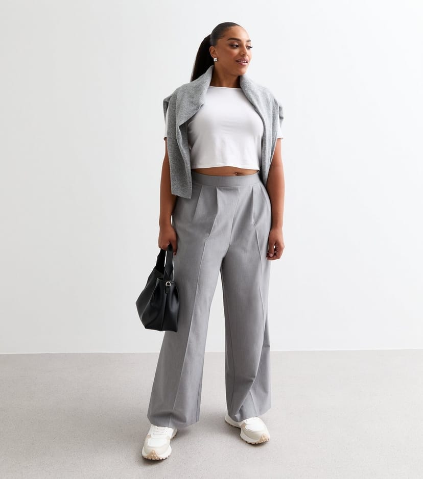 New Look Women's Plus Size Grey Pleated Wide Leg Trousers Curves New Look - 1