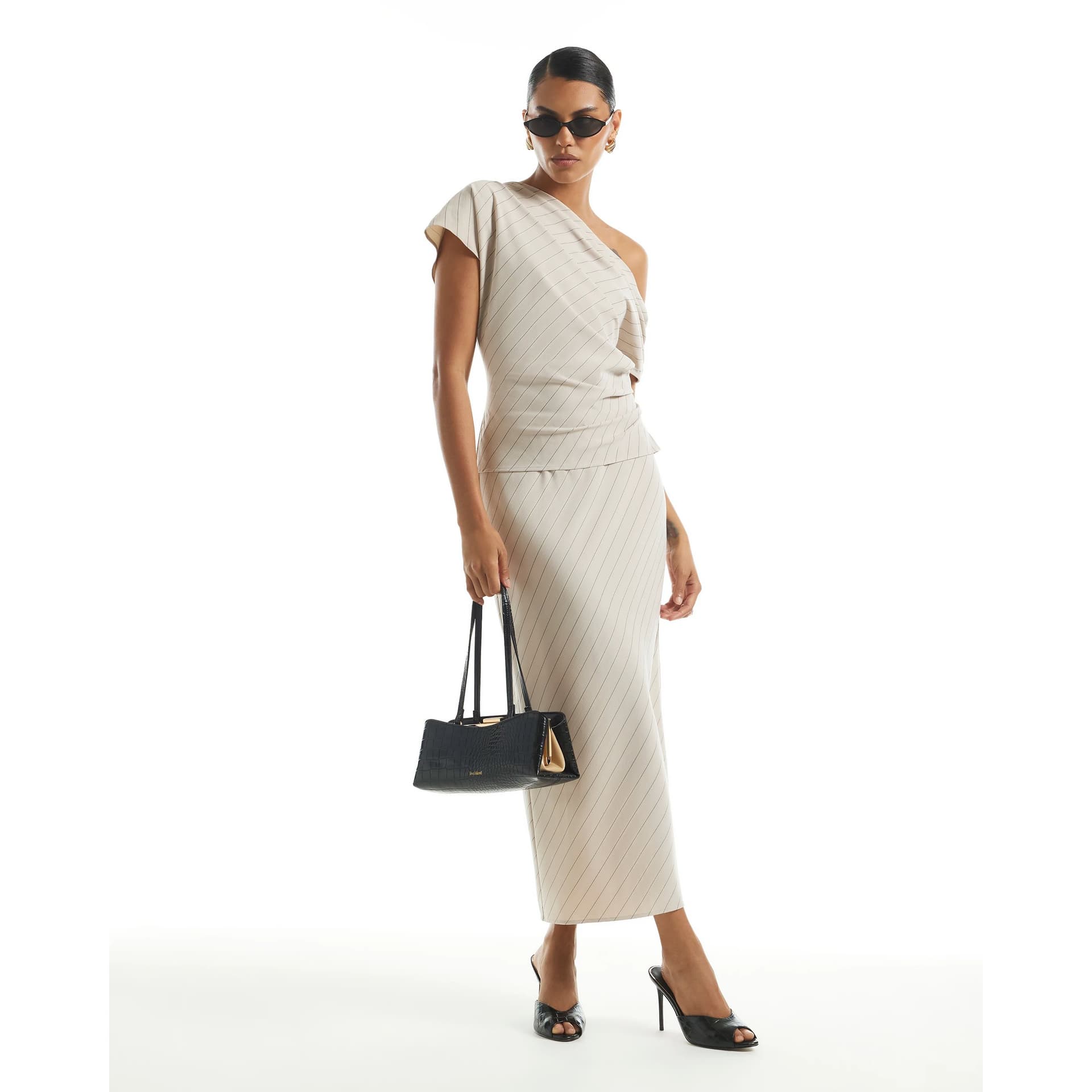 River Island River Island Womens Cream Asymmetric Stripe Midi Skirt