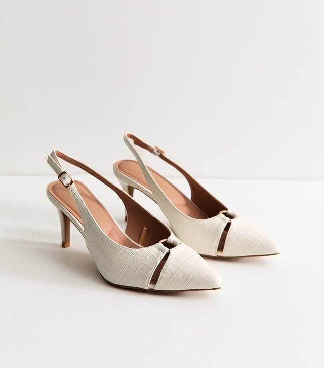 New Look Women's Wide Fit Off White Croc Embossed Slingback Court Shoes Vegan New Look - 2
