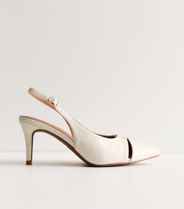 New Look Women's Wide Fit Off White Croc Embossed Slingback Court Shoes Vegan New Look - 3