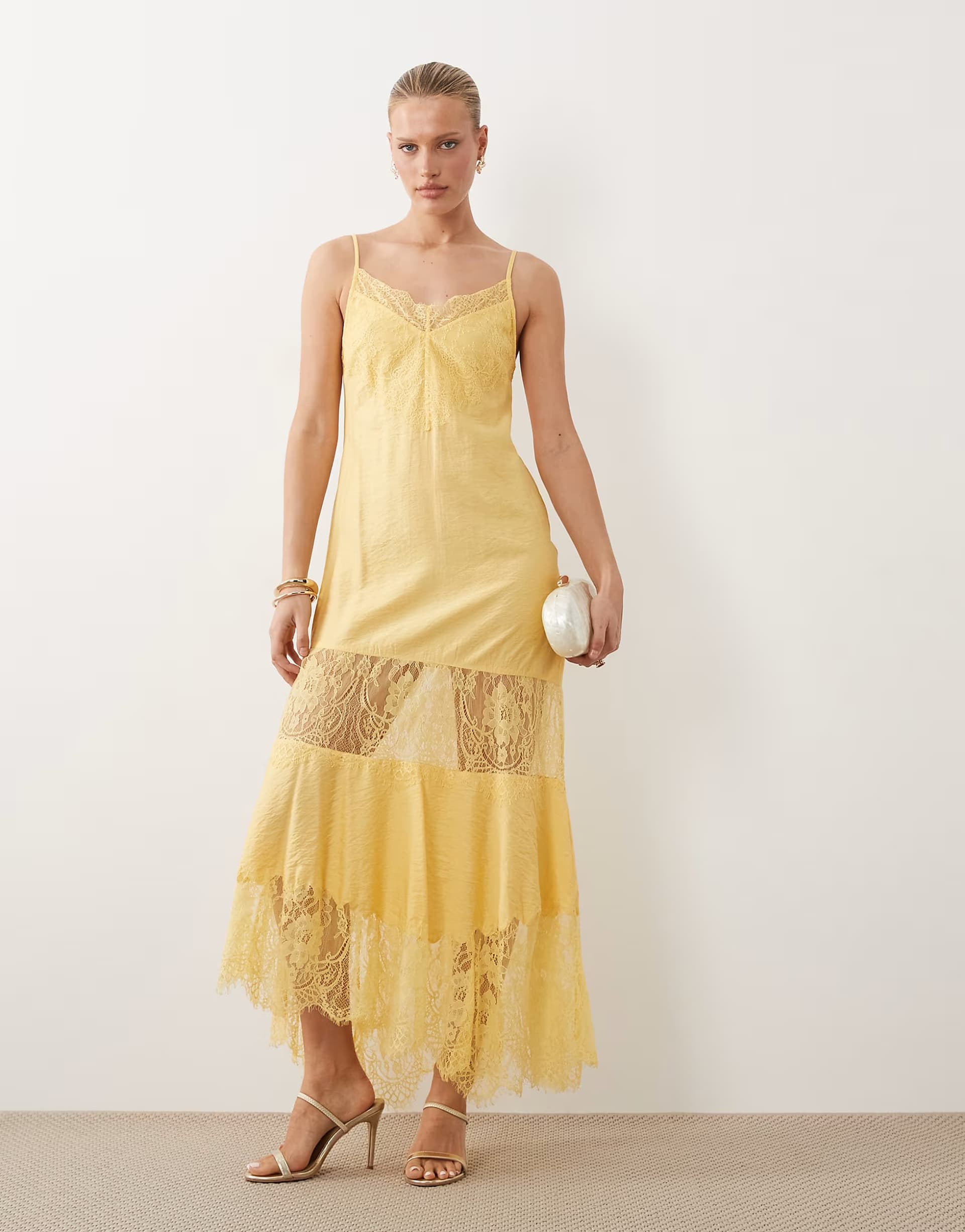 ASOS ASOS DESIGN lace insert hanky hem maxi dress in ochre