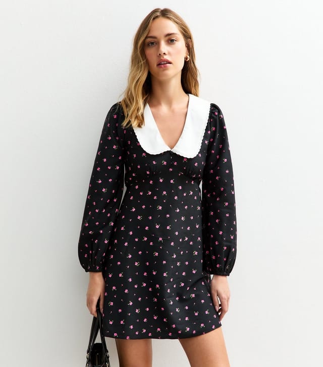 New Look Women's Black Floral Print Contrast Collar Mini Dress New Look - 2