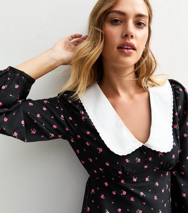 New Look Women's Black Floral Print Contrast Collar Mini Dress New Look - 3