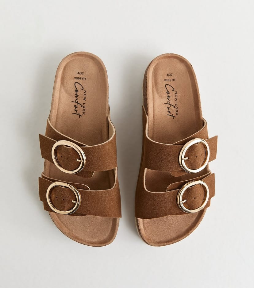 New Look Women's Wide Fit Tan Faux Suede Round Buckle Sandals Vegan New Look - 1