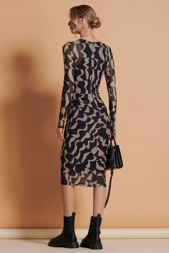 Jolie Moi Jolie Moi Women's Print Long Sleeve Mesh Bodycon Dress in Brown - 2