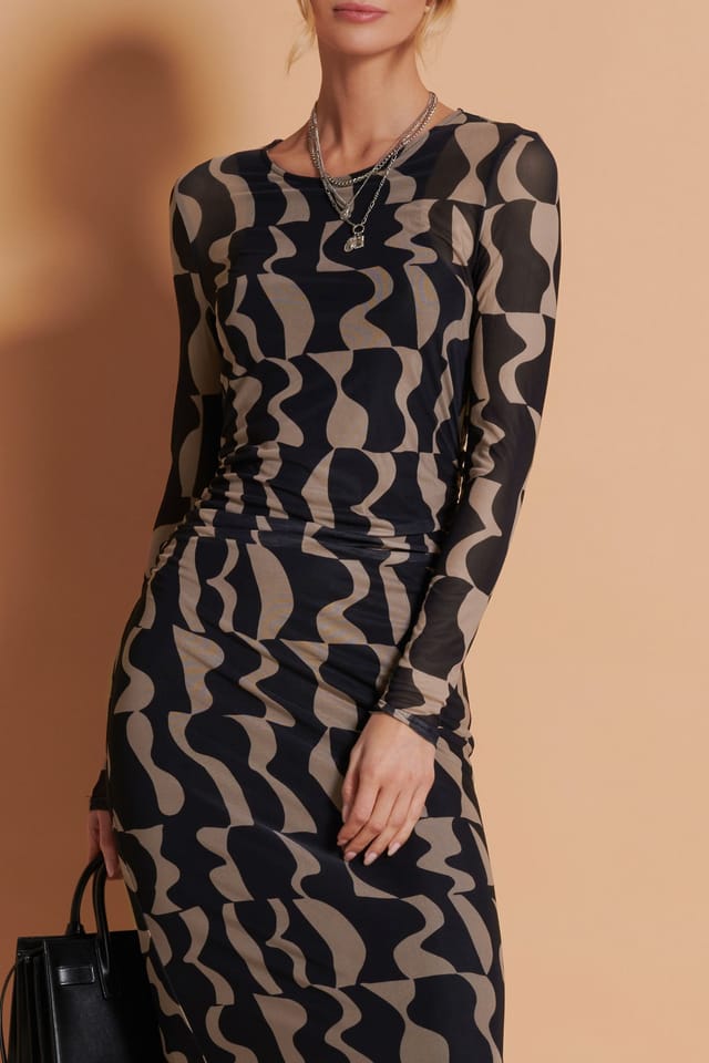 Jolie Moi Jolie Moi Women's Print Long Sleeve Mesh Bodycon Dress in Brown - 3