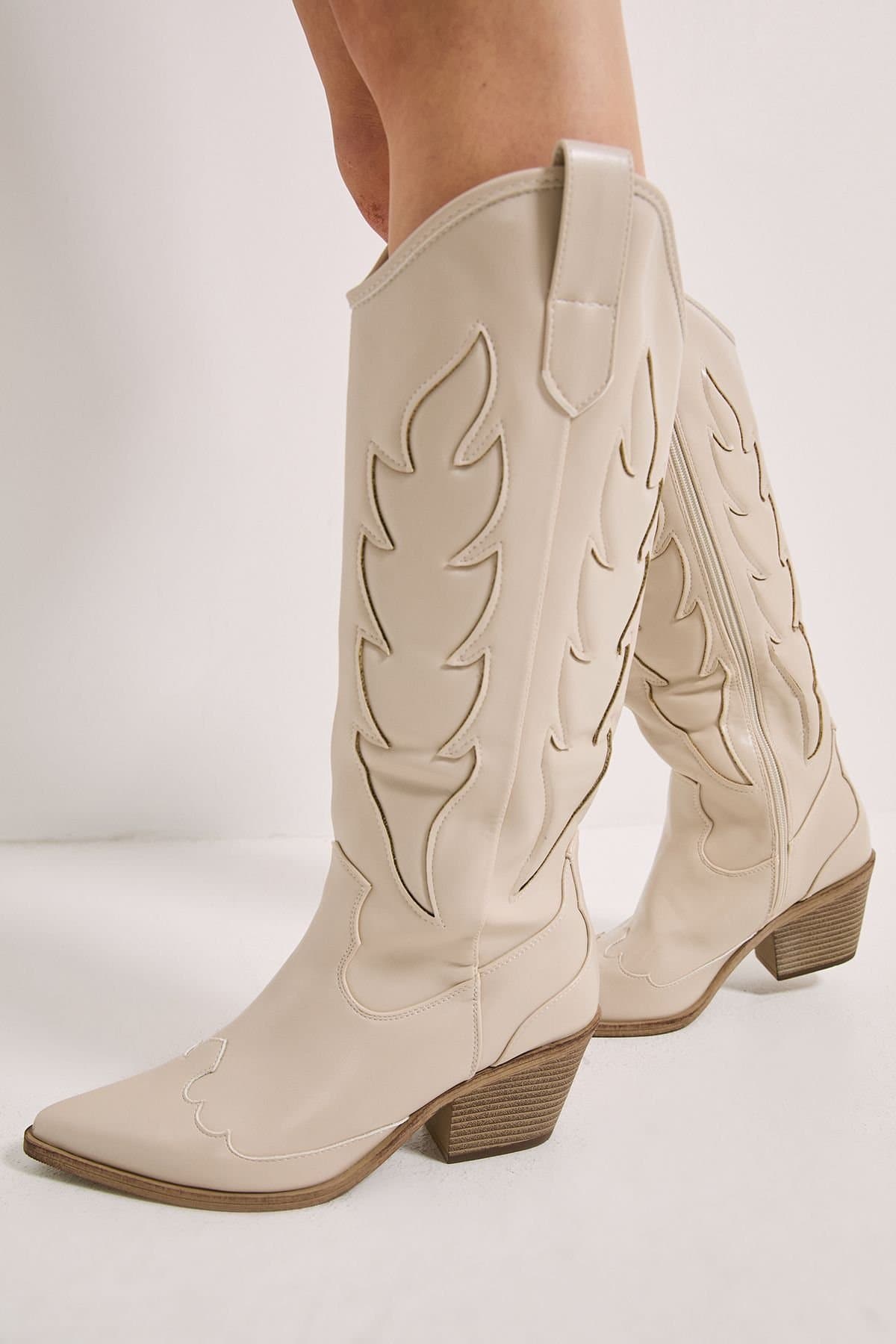 Faith Faith Women's Issy Beige Faux Leather Cowboy Boots