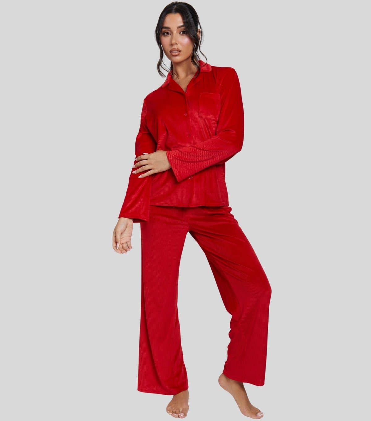 Loungeable Women's Red Super Soft Velour Rib Buttoned Pyjama Set Loungeable New Look