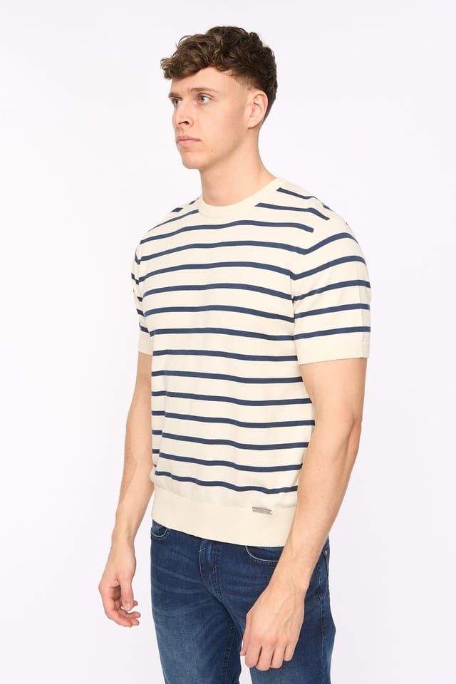 Duck&Cover Duck&Cover Men's Norwell Structured Knitted Stripe T-Shirt in Light Stone - 2