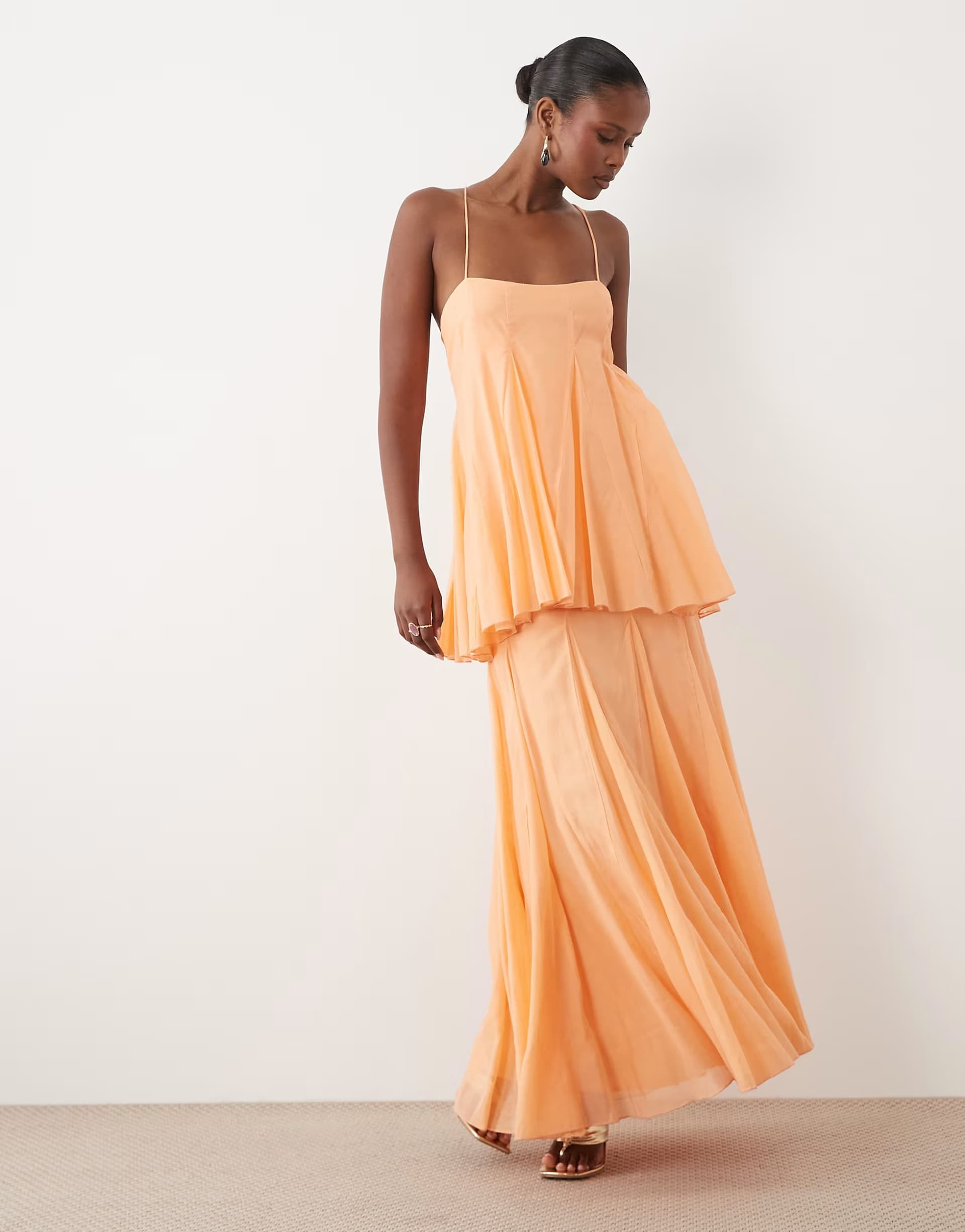ASOS ASOS DESIGN premium tiered cami maxi dress with godet full hem skirt in light coral