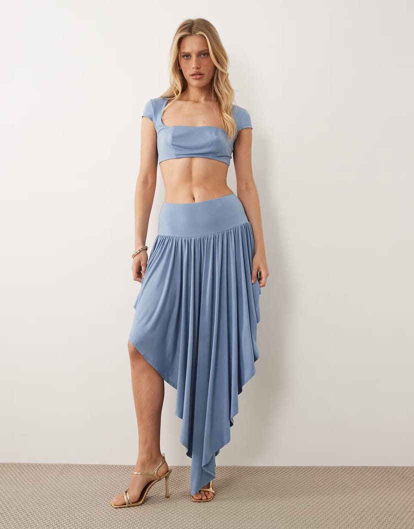 ASOS ASOS DESIGN slinky midi skirt co-ord with high low hem in blue - 1