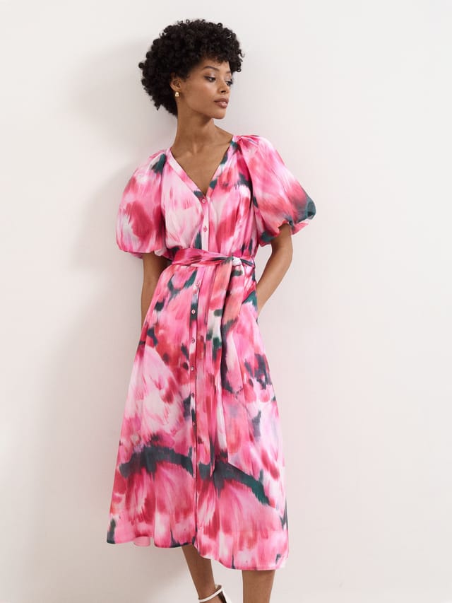 Phase Eight Phase Eight Women's Caterina Puff Sleeve V-Neck Shirt Dress in Fuchsia - 2