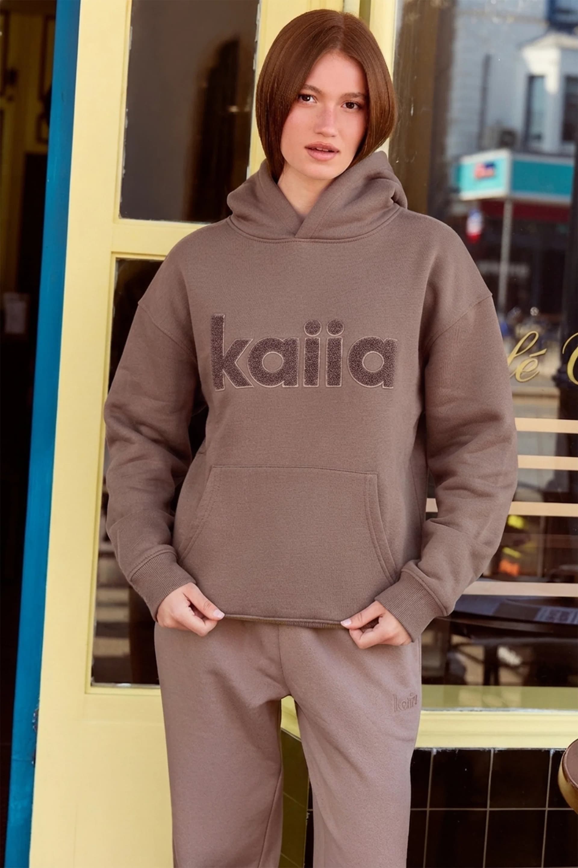 Kaiia Kaiia Borg Logo Oversized Hoodie Mink Brown