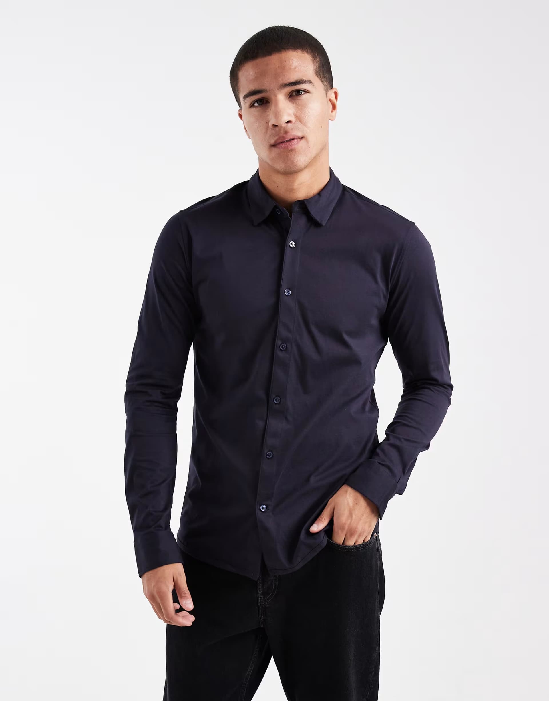 ASOS ASOS Slim Fit Long Sleeve Shirt in Dark Navy