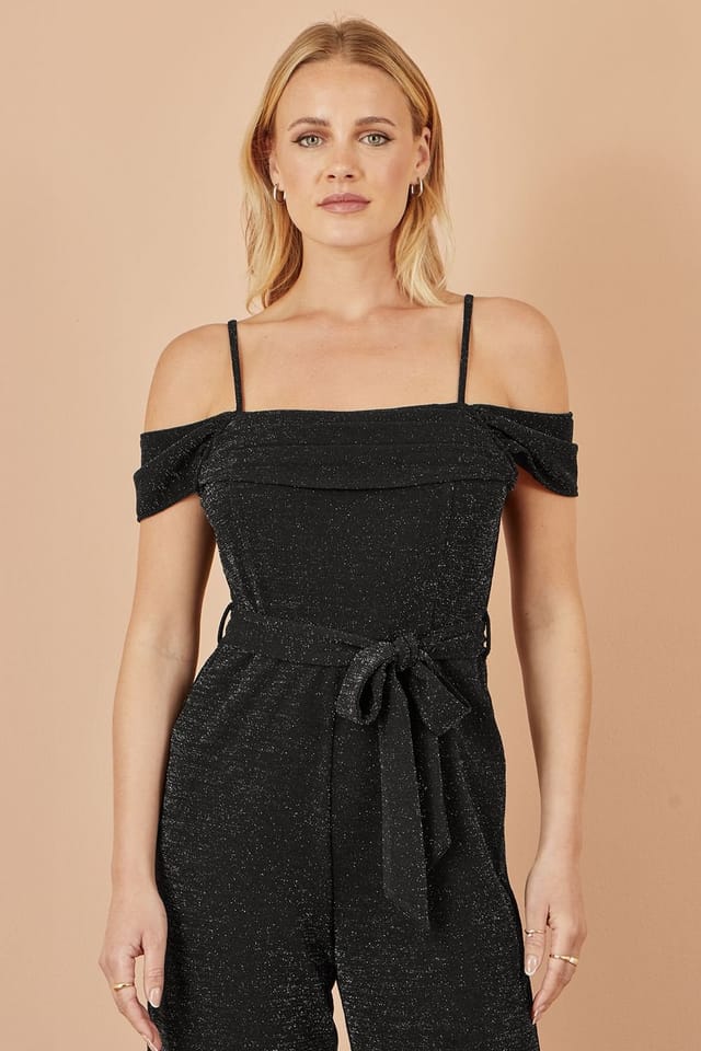 Yumi Yumi Women's Black Sparkle Stretch Bardot Jumpsuit - 2
