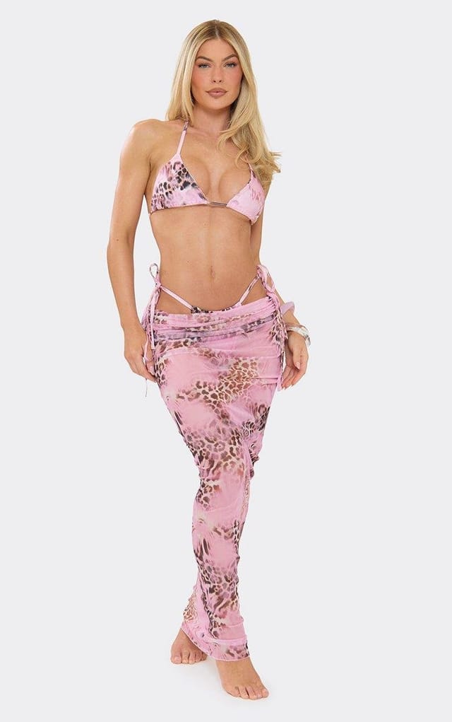 EGO Low Waist Ruched Beach Maxi Skirt In Pink Leopard Print, Women's Size UK 6 - 2