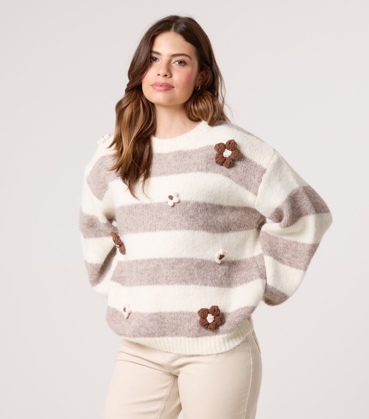 Blue Vanilla Women's Off White Striped Floral Appliqued Jumper Blue Vanilla New Look