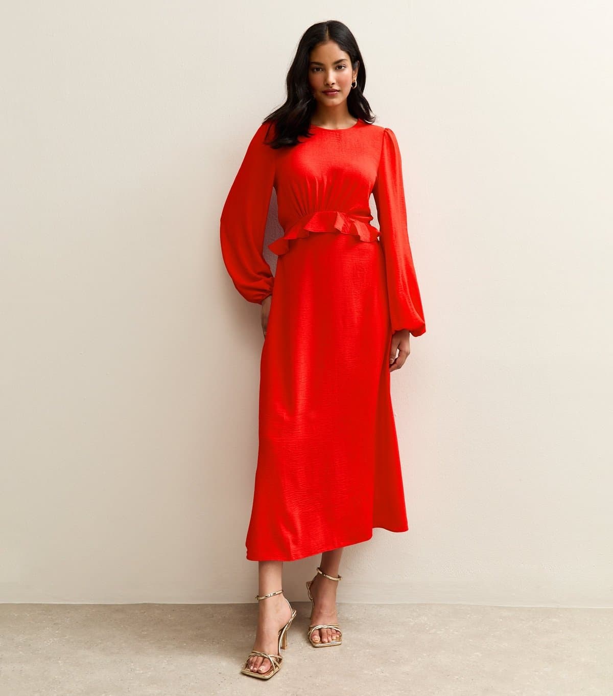 New Look Women's Red Ruffle Trim Long Sleeve Midi Dress New Look