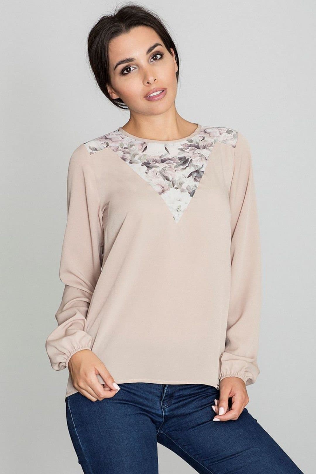 Love Lace Love Lace Women's Pattern Neckline Long Sleeve Blouse Back Slit in Beige