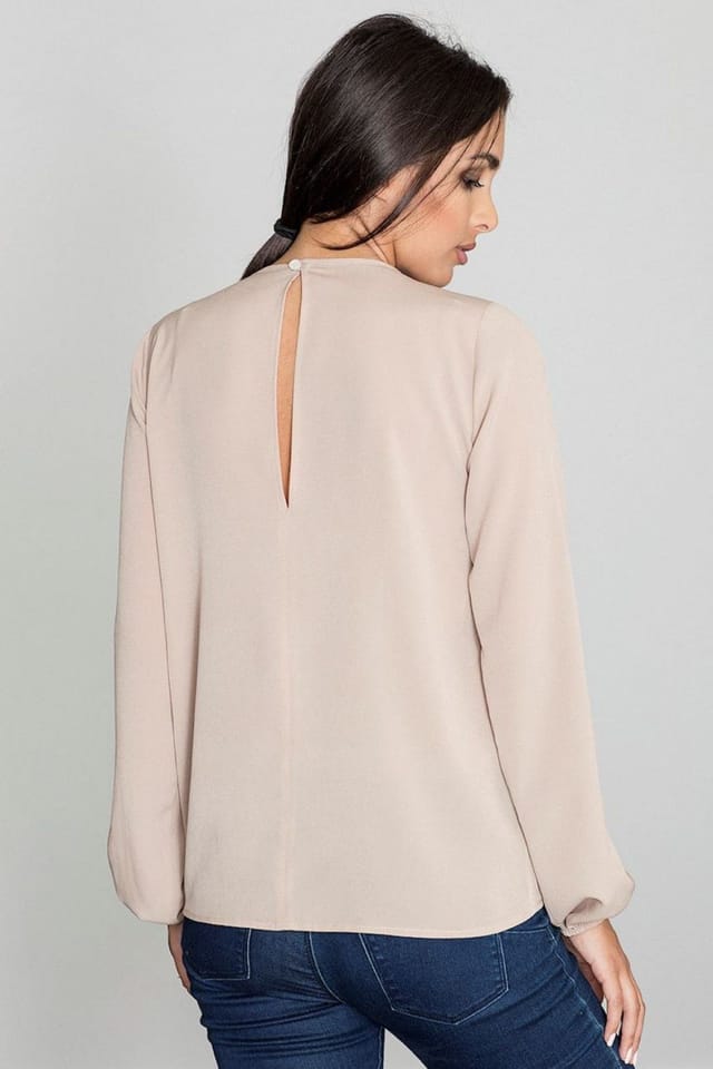 Love Lace Love Lace Women's Pattern Neckline Long Sleeve Blouse Back Slit in Beige - 2