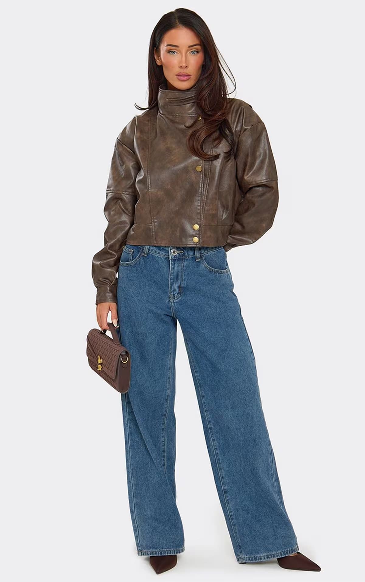 EGO Long Sleeve Funnel Neck Popper Front Jacket In Brown Faux Leather, Women's Size UK 6