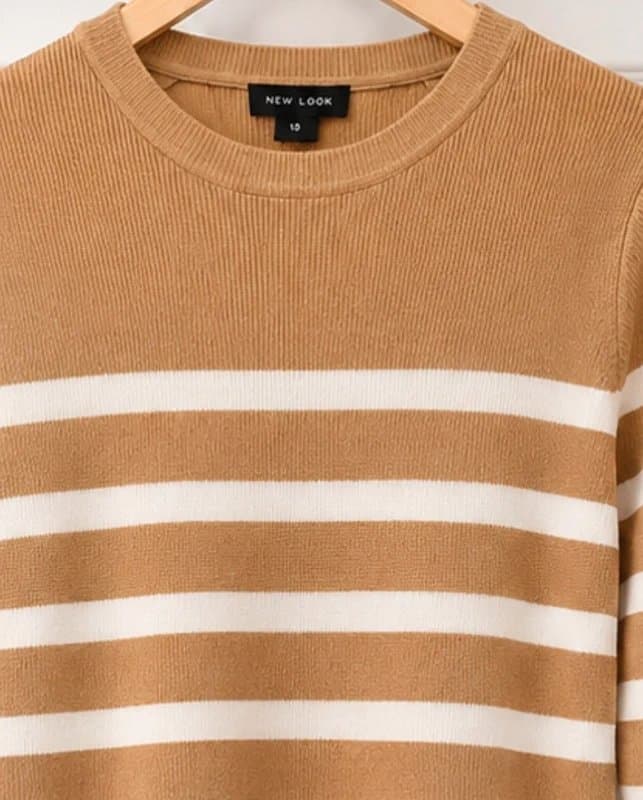 New Look Lovely Women's New Look Fitted Stripy Ribbed Camel Brown Mix Knitted Sweater Jumper Top size 12