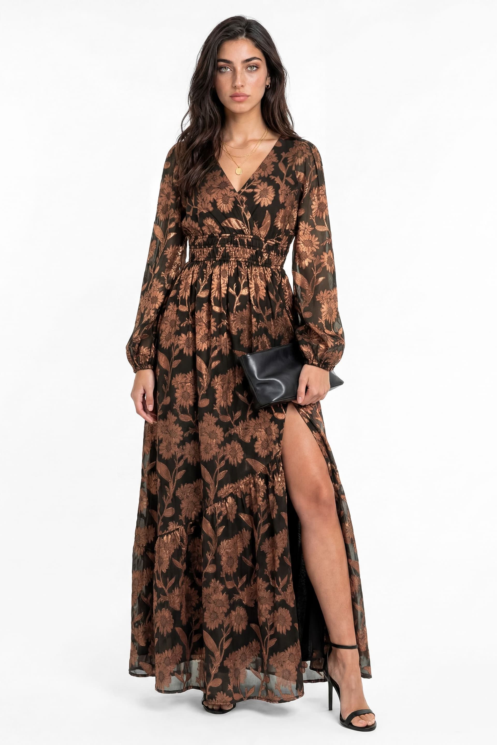 Lovedrobe Lovedrobe Women's Floral Jacquard Faux Wrap Long Sleeve Tie Back Maxi Dress in Black