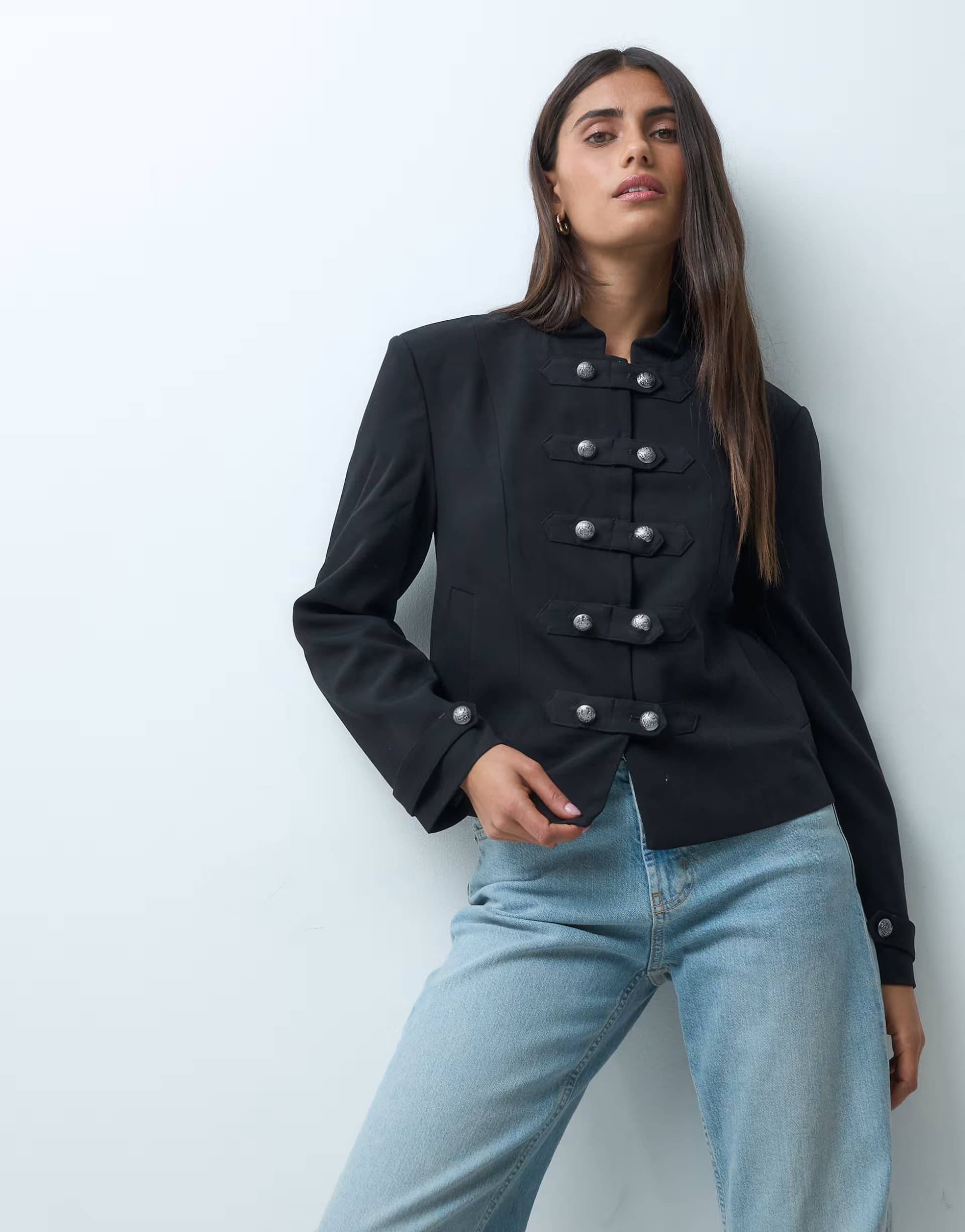 ASOS ASOS DESIGN Tailored high neck jacket with drummer boy buttons in black