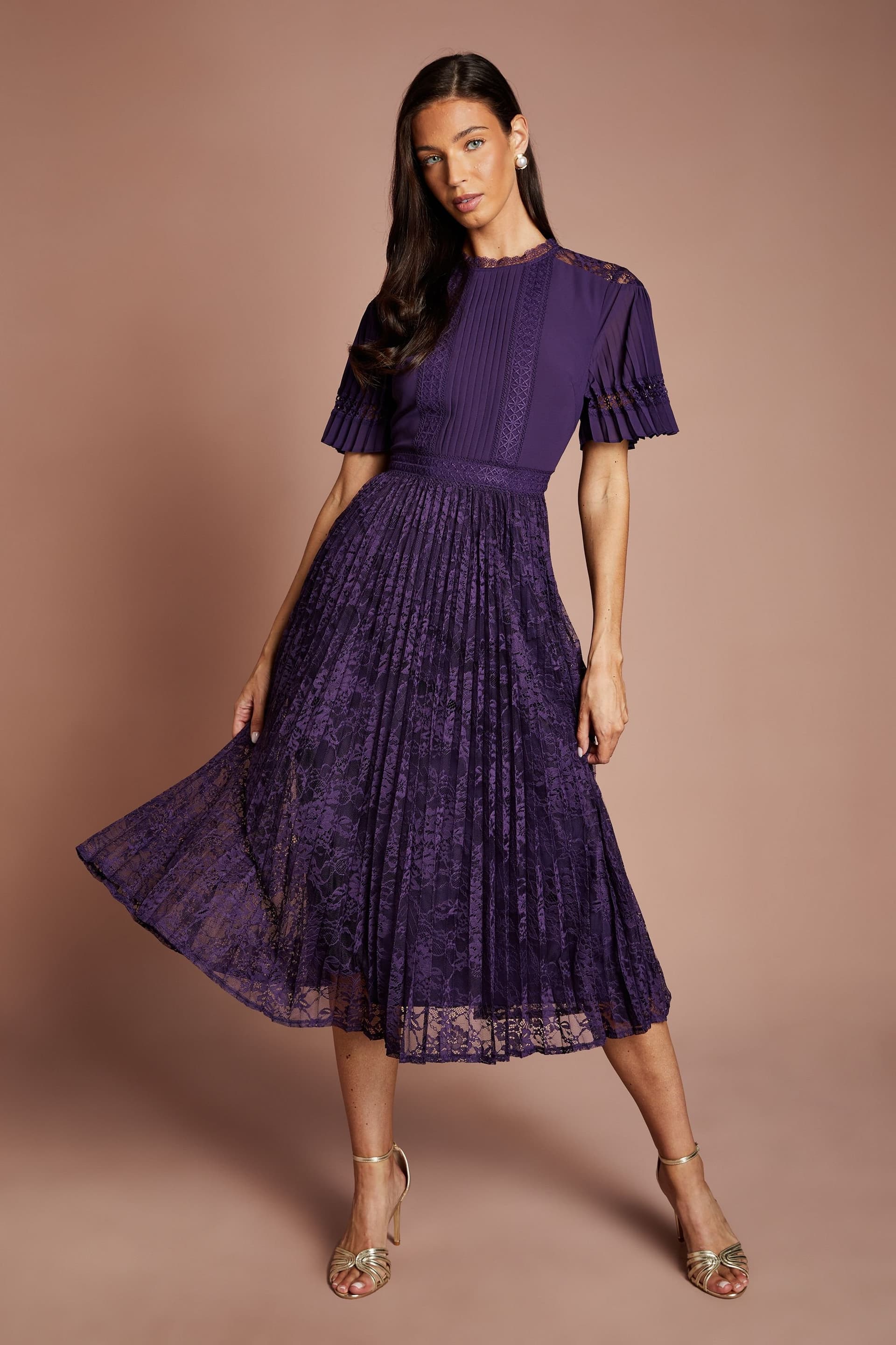Coast Coast Women's Pleated Lace Midi Dress in Purple