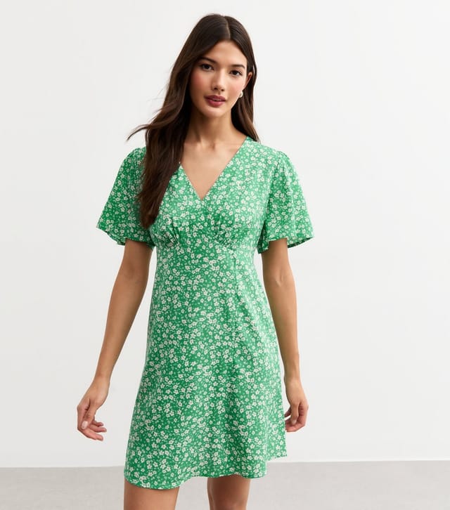 New Look Women's Green Floral Print Flutter Sleeve Mini Dress New Look - 3