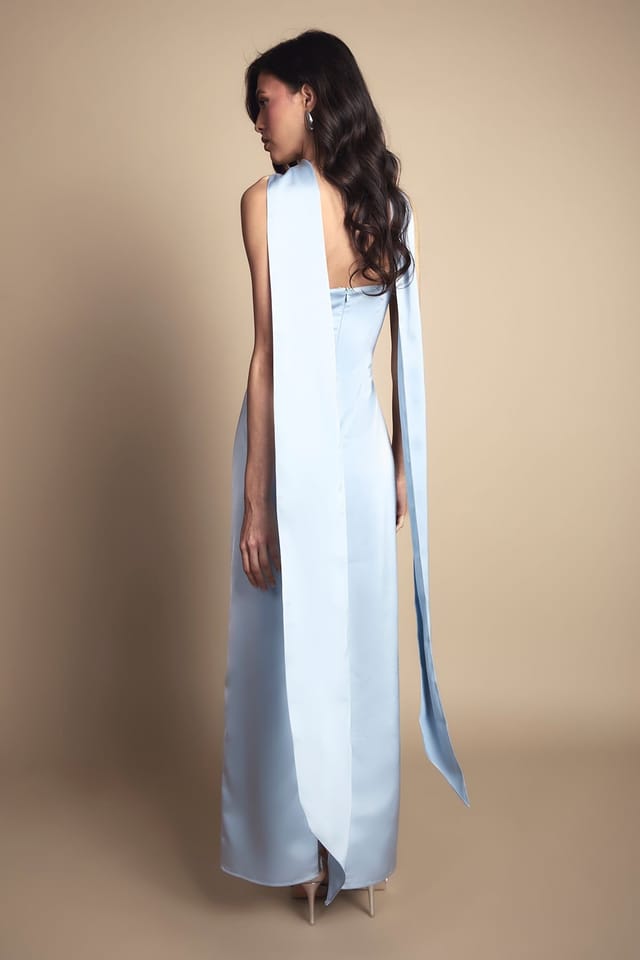 Oasis Oasis Women's Light Blue Bandeau Satin Bridesmaid Maxi Dress With Scarf - 3
