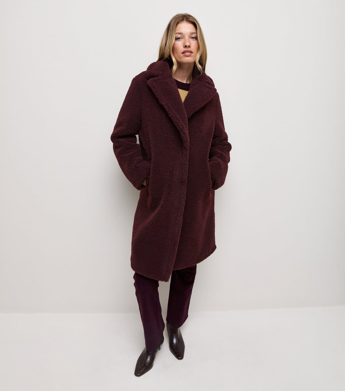New Look Women's Dark Burgundy Collared Borg Midi Coat New Look