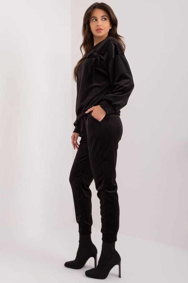 Love Lace Love Lace Women's Velour Sweatshirt & Tie Waist Pants Set in Black - 2