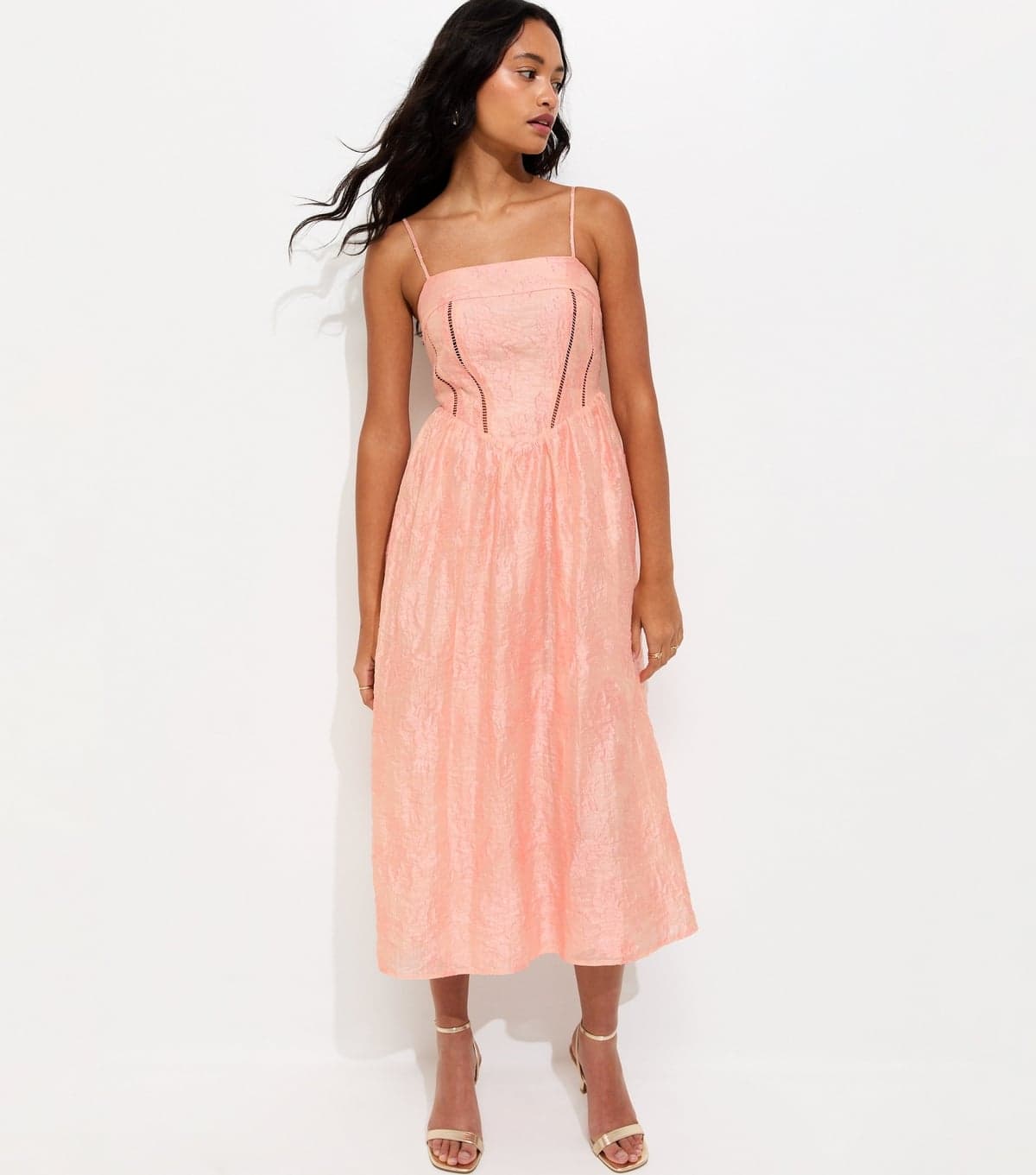 New Look Women's Light Coral Sparkly Floral Jacquard Midi Dress New Look