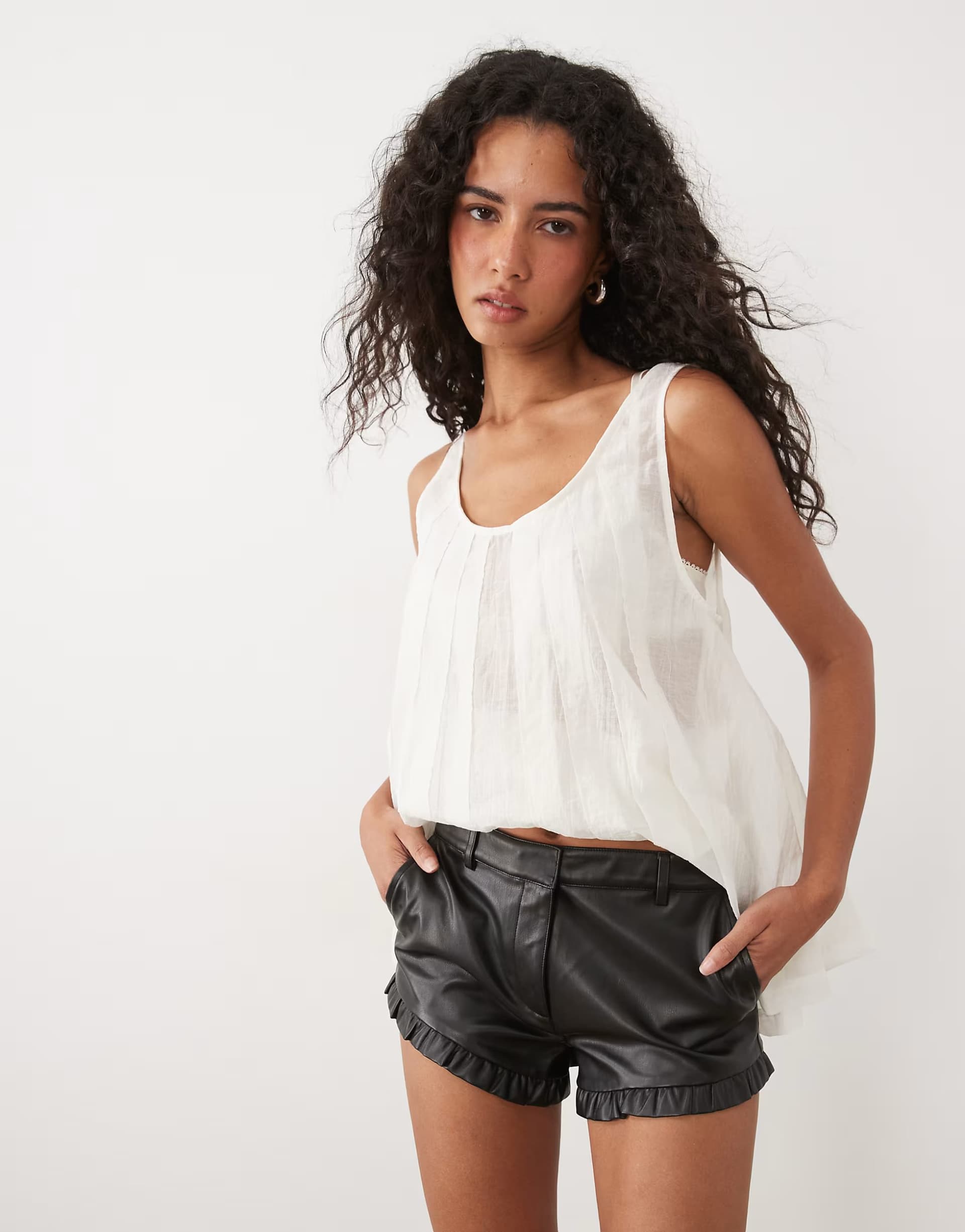ASOS Miss Selfridge faux leather frill hem micro short in black