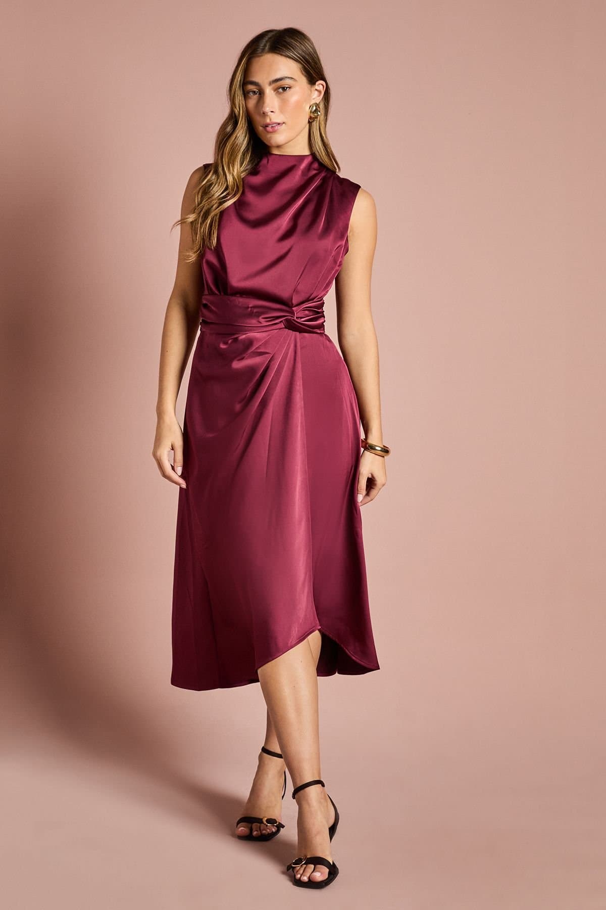 Coast Coast Women's Satin Midi Dress With Twist Waist in Berry