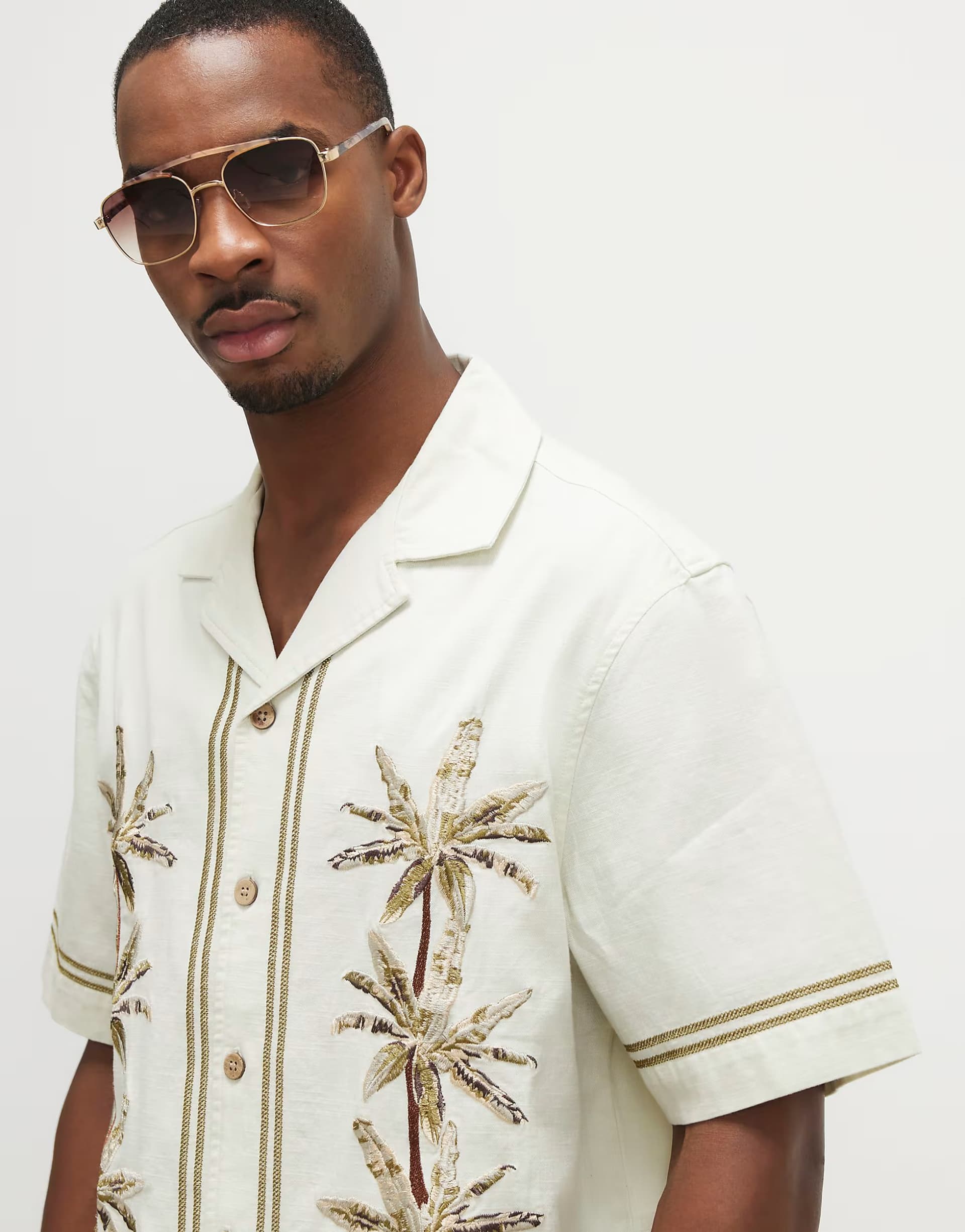 ASOS River Island Cream palm tree embroidered shirt in ecru