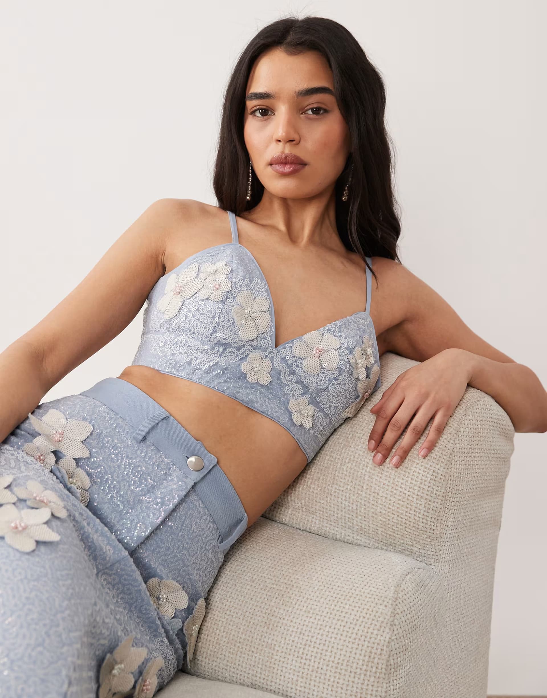 ASOS ASOS LUXE co-ord denim embellished cami top in light blue