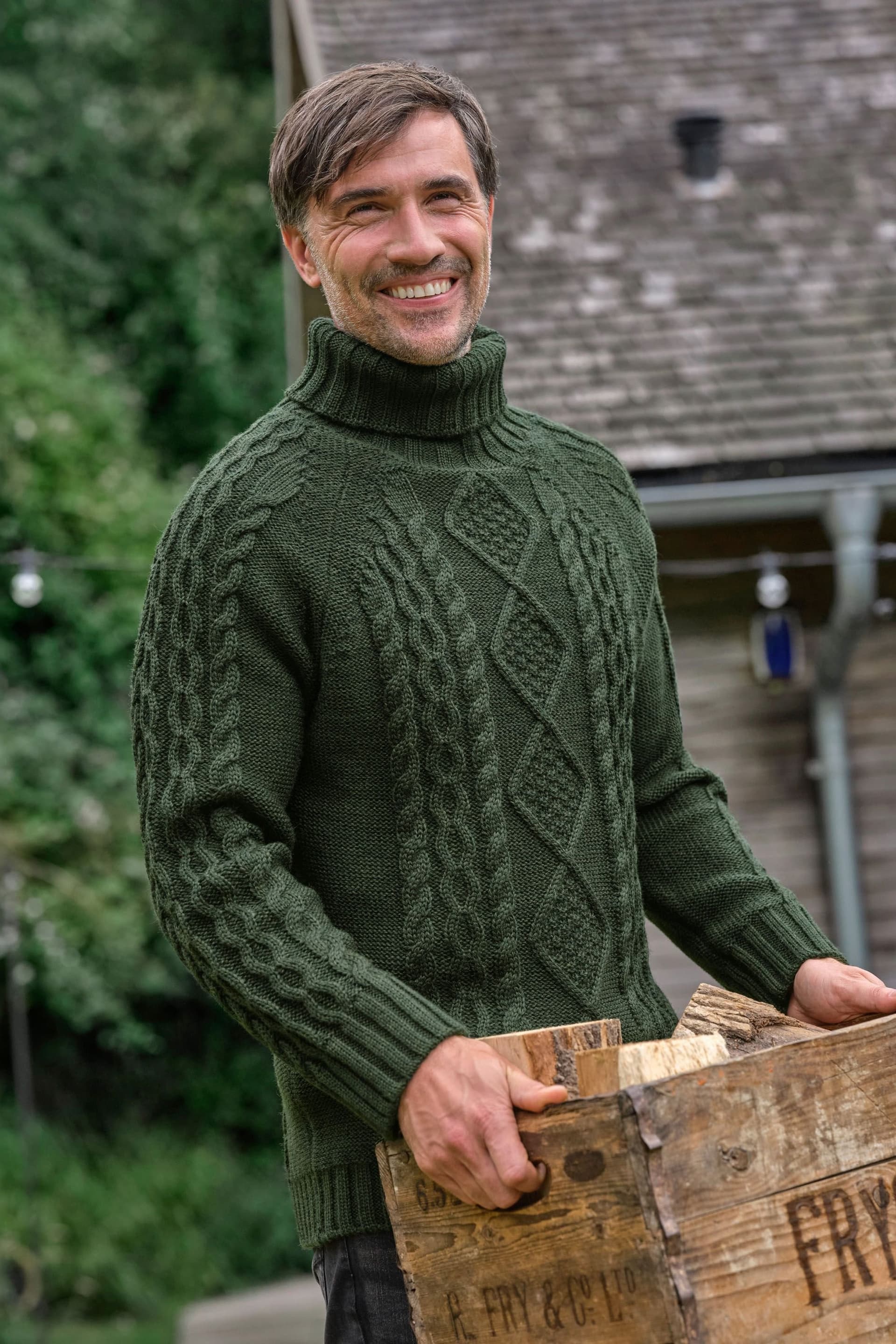 WoolOvers WoolOvers Men's Pure Wool Aran Polo Neck Jumper in Green