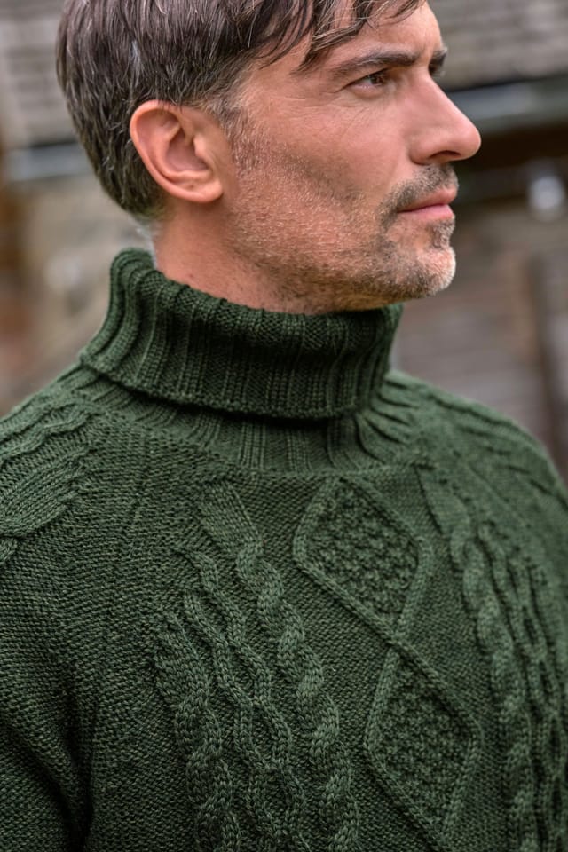 WoolOvers WoolOvers Men's Pure Wool Aran Polo Neck Jumper in Green - 2