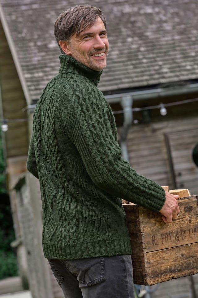 WoolOvers WoolOvers Men's Pure Wool Aran Polo Neck Jumper in Green - 3