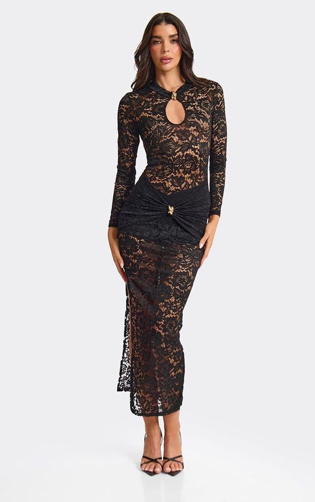 EGO Long Sleeve Trim Detail Keyhole Cutout Midi Dress In Black Lace, Women's Size UK 8 - 2