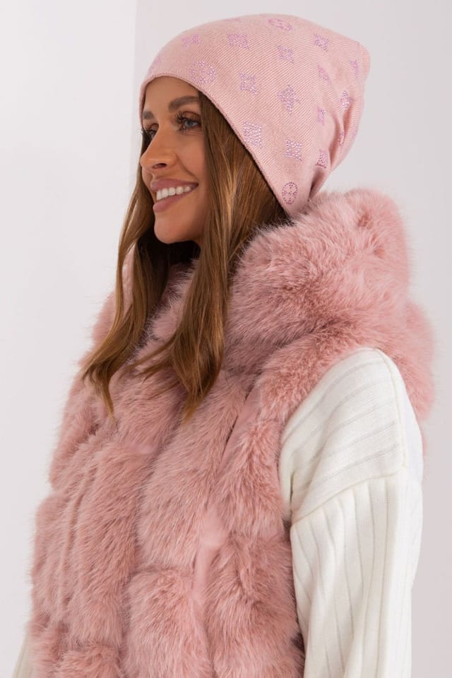Love Lace Love Lace Women's Cashmere Beanie Hat for Warm Winter Rhinestone Decor Fitted Cap in Pink - 2