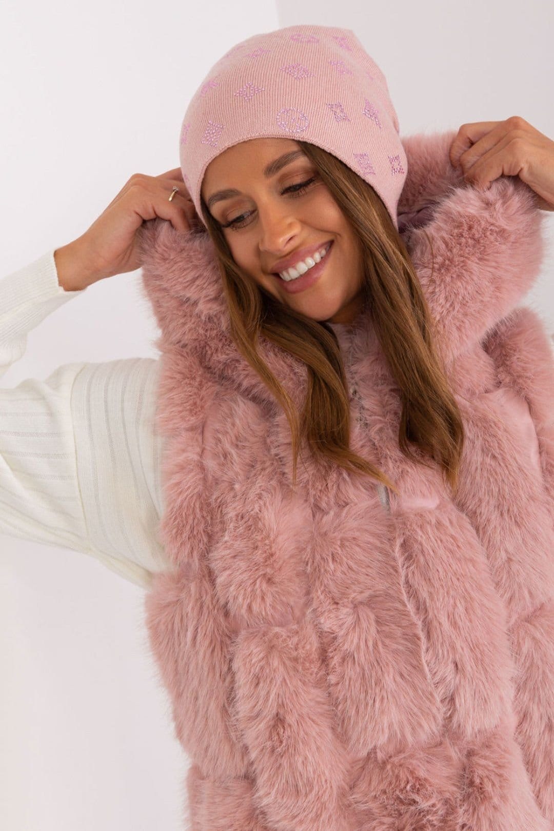 Love Lace Love Lace Women's Cashmere Beanie Hat for Warm Winter Rhinestone Decor Fitted Cap in Pink - 4