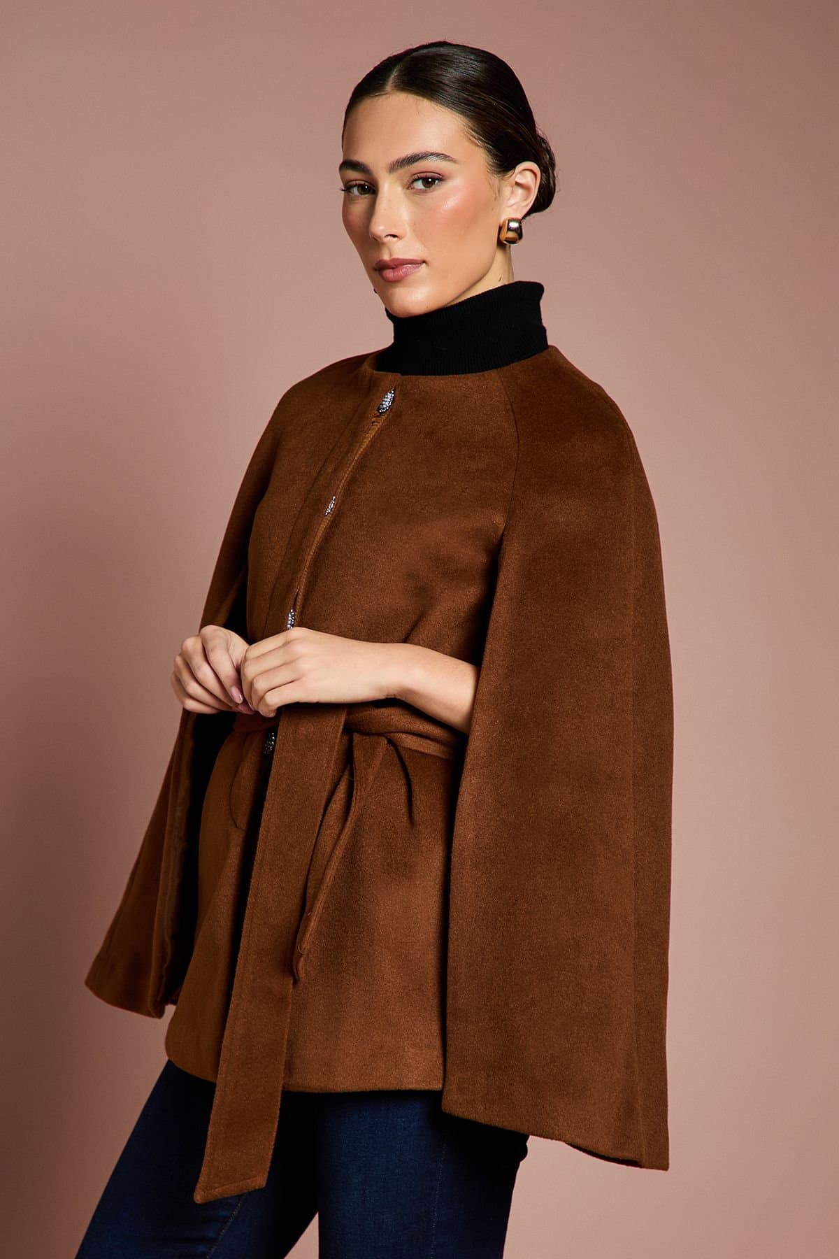 Coast Coast Women's Lisa Tan Belted Short Occasion Cape Coat in Tobacco