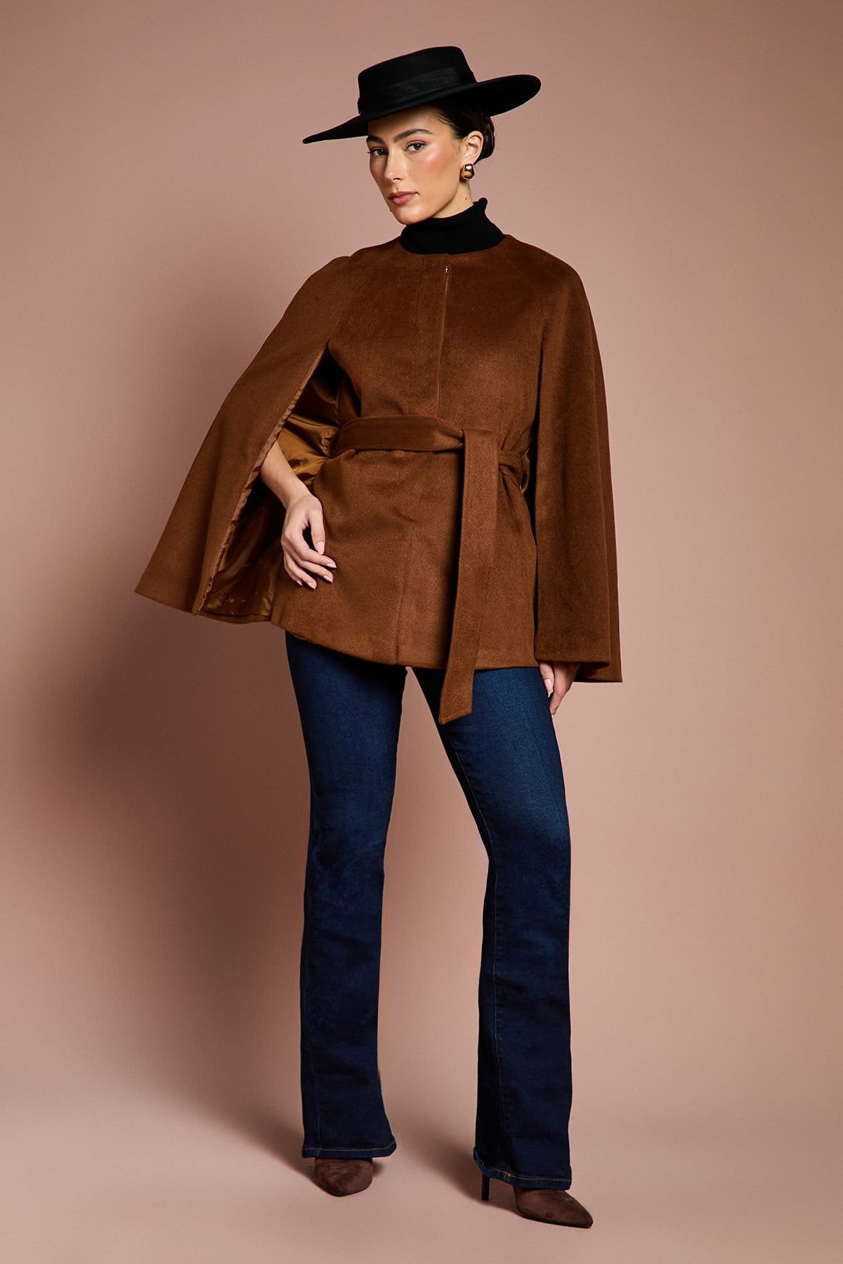 Coast Coast Women's Lisa Tan Belted Short Occasion Cape Coat in Tobacco - 4