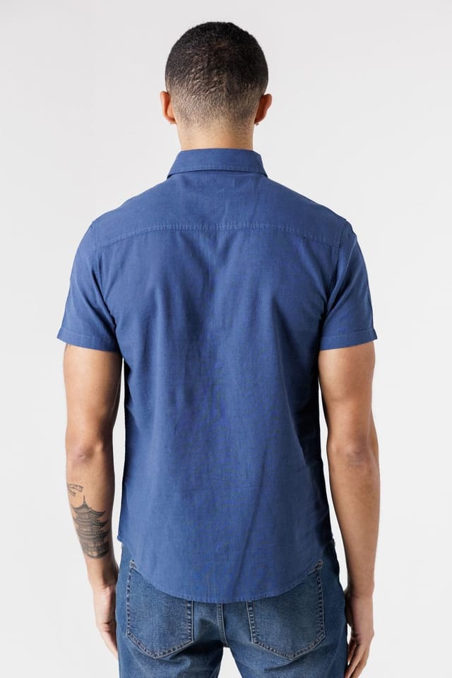 Tokyo Laundry Tokyo Laundry Men's Linen Blend Short Sleeve Button-Up Shirt with Chest Pocket in Dark Blue - 2